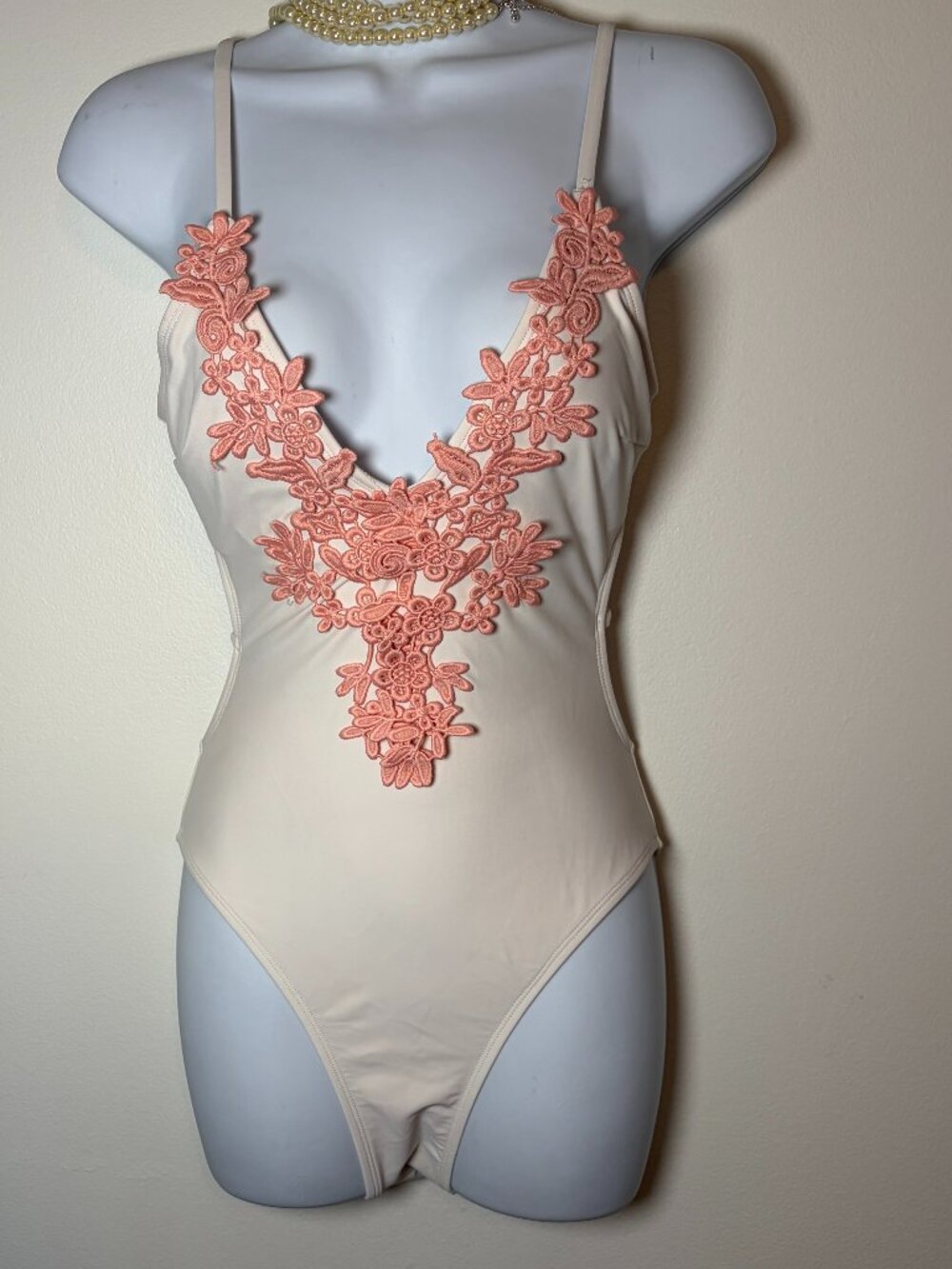 Cream Pink Floral Lace Applique One Piece Swimsuit Lace Up Back Small Coquette